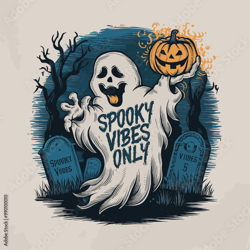 Spooky Ghost with Pumpkin Holding "Spooky Vibes Only" Graphic Design. A whimsical illustration of a friendly ghost holding a jack-o'-lantern against a backdrop of a dark spooky graveyard scene