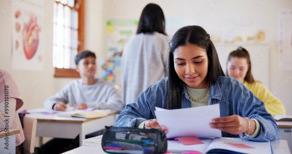 Happy girl, student or teacher with exam results, test or paper for moderation, examination or assessment at school. Young, female person or learner with document for good news on academic evaulation Happy girl, student or teacher with exam results, test or paper for moderation, examination or assessment at school. Young, female person or learner with document for good news on academic evaulation