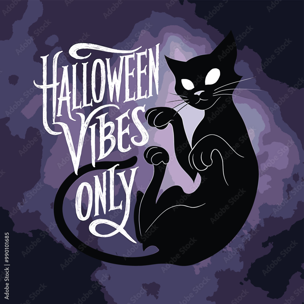 Halloween Vibes Only: Black Cat Design for Spooky Season. A graphic design featuring a stylized black cat and the phrase Halloween Vibes Only: Black Cat Design for Spooky Season. A graphic design featuring a stylized black cat and the phrase
