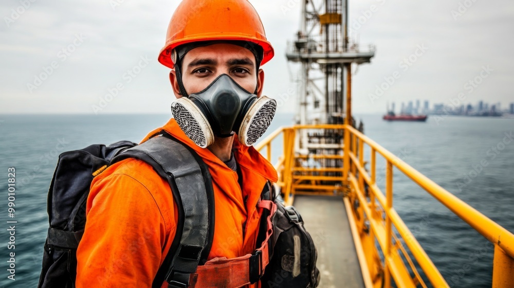 Man wearing orange hard hat gas mask He Ship crew member, equipped Man wearing orange hard hat gas mask He Ship crew member, equipped