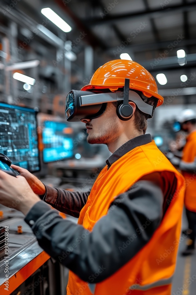 Man wearing orange hard hat safety vest working Engineer Using Augmented Reality Man wearing orange hard hat safety vest working Engineer Using Augmented Reality