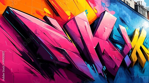 Bold, chunky shapes filled with vibrant neon colors, street-inspired graffiti lines creating dynamic energy, pop art aesthetic, sharp geometric forms contrasted with smooth curves, photo