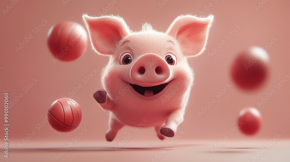 Pig playing dodgeball, dodging balls with quick movements, energetic and fun, cartoon style Pig playing dodgeball, dodging balls with quick movements, energetic and fun, cartoon style