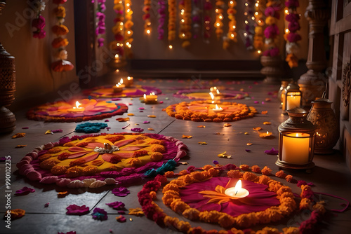 Diwali Festival: “A vibrant scene of glowing oil lamps (diyas) and intricate rangoli patterns photo