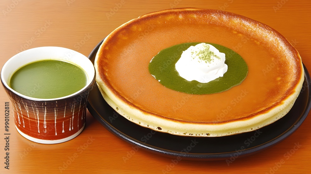 A cup of green tea and a large pancake topped with whipped cream and green tea sauce on a wooden table. A cup of green tea and a large pancake topped with whipped cream and green tea sauce on a wooden table.