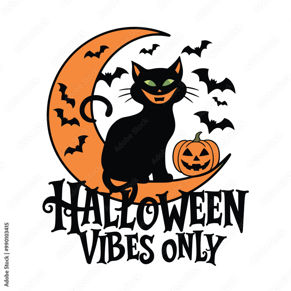 Spooky Halloween Vibes Only with a Black Cat and Moon. A graphic design featuring a black cat sitting on an orange crescent moon, surrounded by bats and a jack-o'-lantern Spooky Halloween Vibes Only with a Black Cat and Moon. A graphic design featuring a black cat sitting on an orange crescent moon, surrounded by bats and a jack-o'-lantern