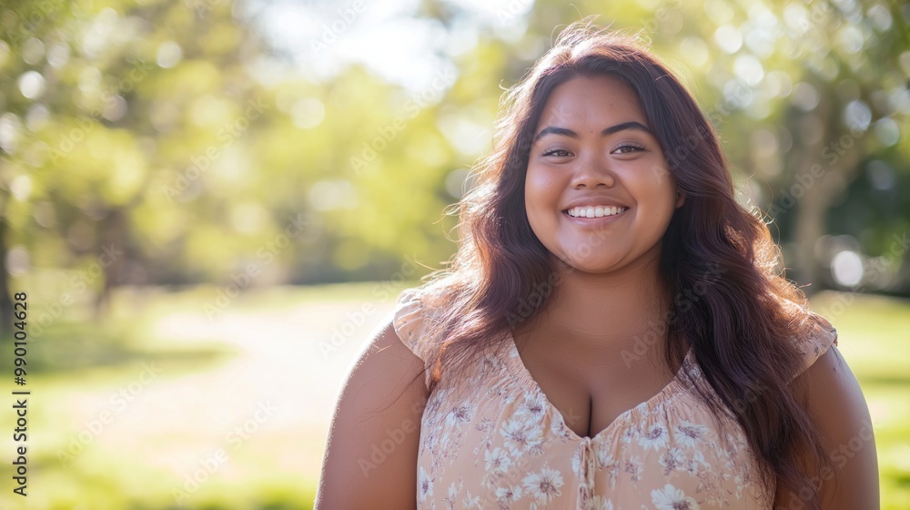 Summer Portrait of a Smiling Pacific Islander Woman in a Floral Dress in a Sunlit Park Summer Portrait of a Smiling Pacific Islander Woman in a Floral Dress in a Sunlit Park