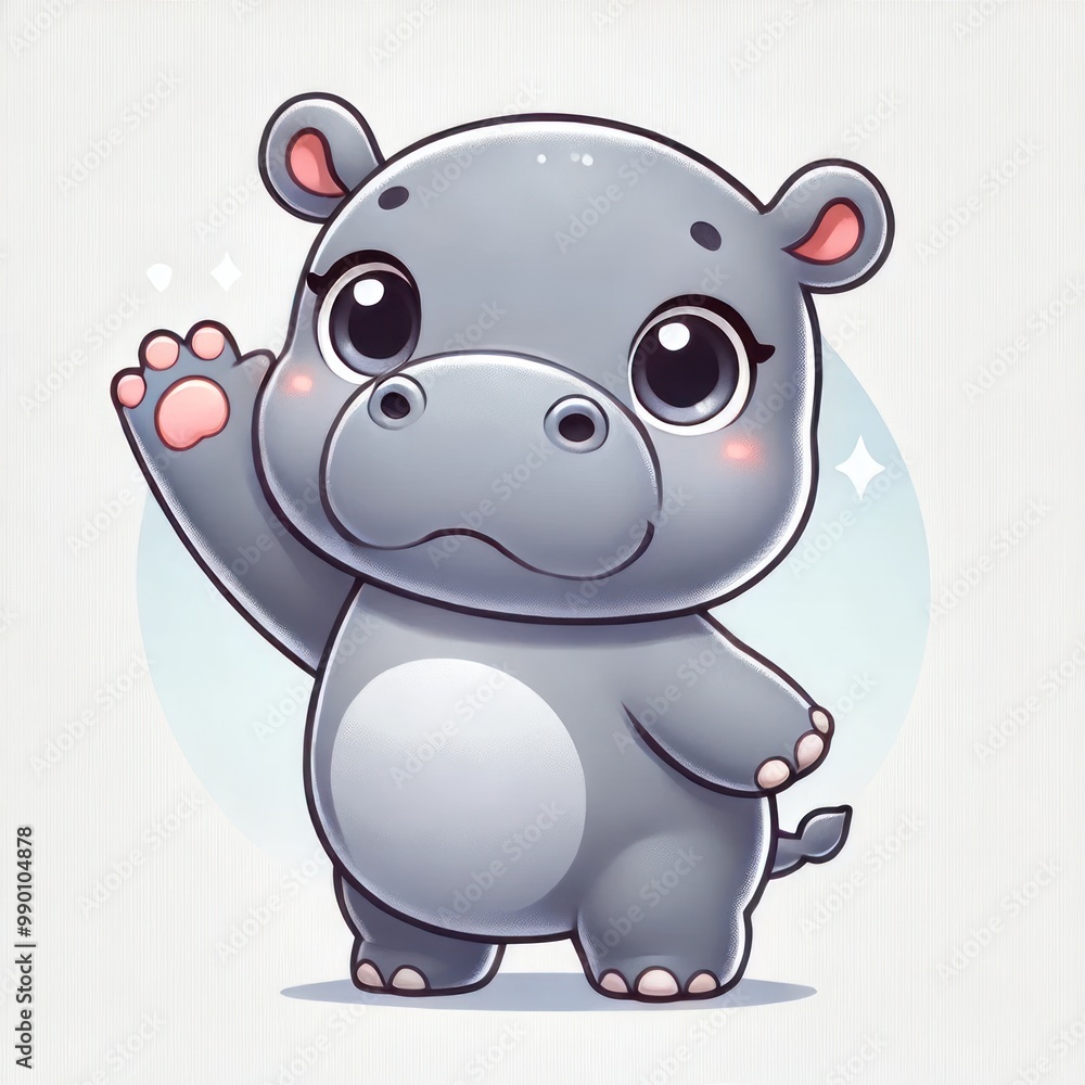 Naklejka premium Imagine a playful cartoon scene featuring a hippo surrounded by other cute safari animals, including a baby elephant and a rhino, in a fun, colorful style