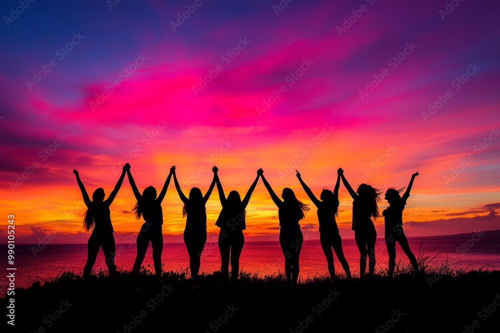 Group of People Holding Hands Silhouetted Against a Vibrant Sunset Sky Group of People Holding Hands Silhouetted Against a Vibrant Sunset Sky