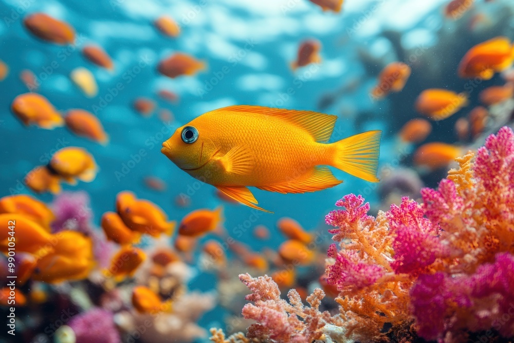 Yellow Fish Swimming in a Coral Reef Yellow Fish Swimming in a Coral Reef