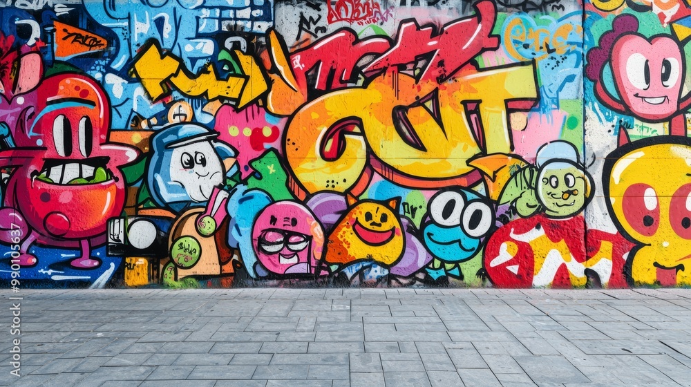 Graffiti wall with cartoon characters, playful and colorful Graffiti wall with cartoon characters, playful and colorful