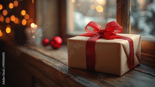 A beautifully wrapped gift with a red ribbon sits on a wooden windowsill during the holiday season with warm bokeh lights in the background photo