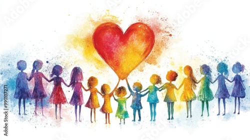 Watercolor illustration group children holding hands large red Painting of Diverse