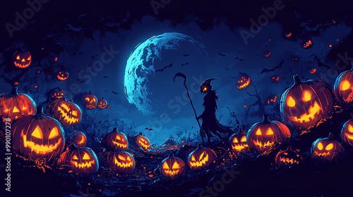 A mystical Halloween scene with glowing pumpkins and a shadowy figure against a full moon backdrop, evoking spooky autumn vibes.