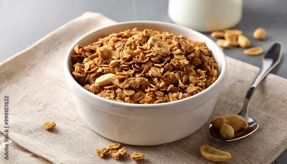 Peanut butter big cluster granola in white ramekin Peanut butter big cluster granola in white ramekin