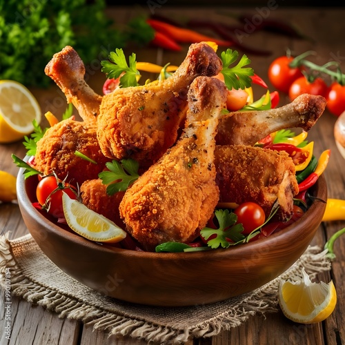 Crispy fried chicken on a wooden cutting board.