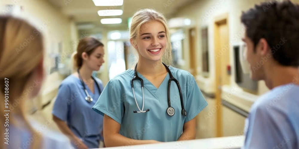 Obraz premium Young female nurse standing behind reception desk hospital front receptionist