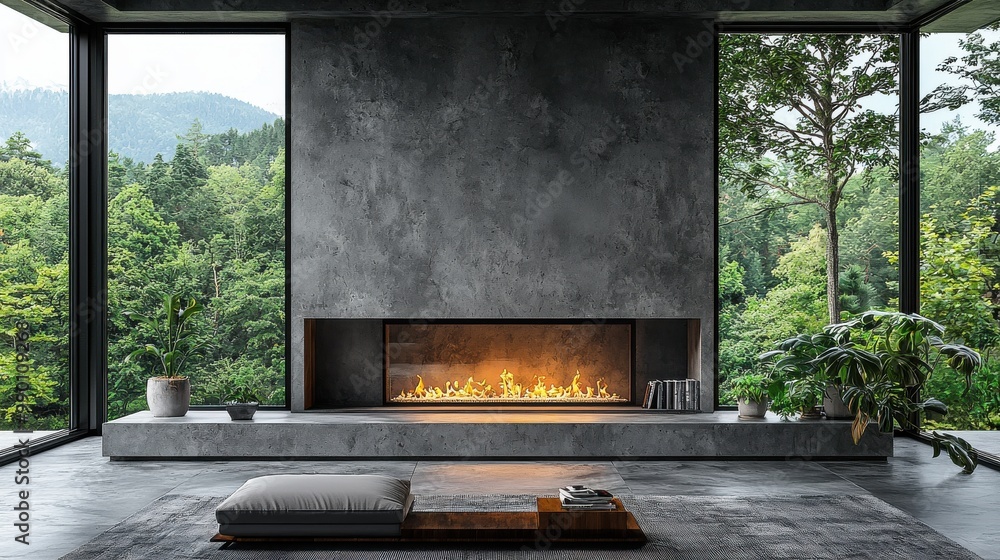 Modern minimalist living room featuring a sleek fireplace and stunning views of nature on a cloudy day Modern minimalist living room featuring a sleek fireplace and stunning views of nature on a cloudy day