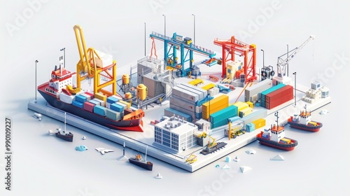 The Future of Transport Ports in 3D. Isometric figures on a white background