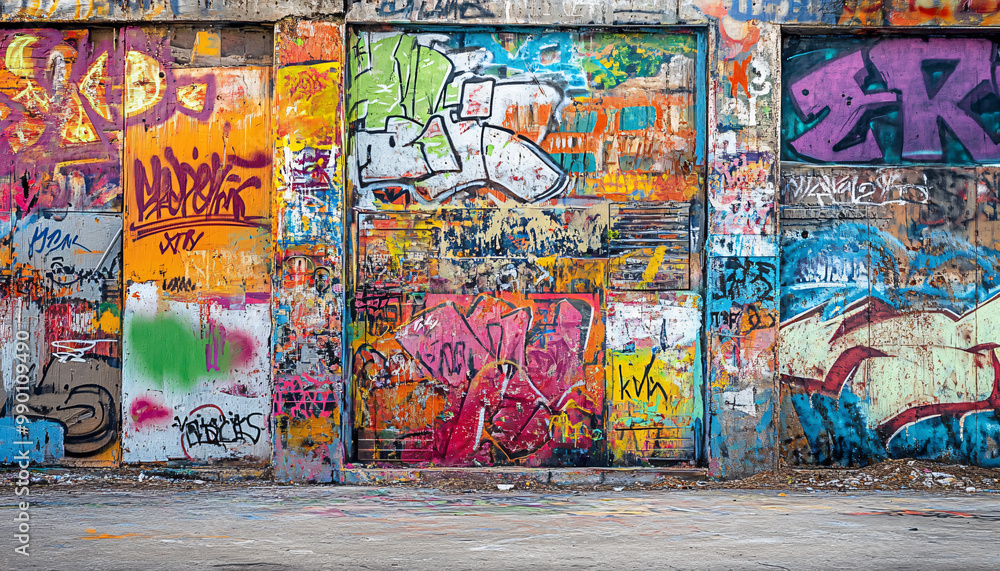 Fototapeta premium A graffiti-covered urban wall, showcasing vibrant colors, bold lines, and an edgy, artistic vibe