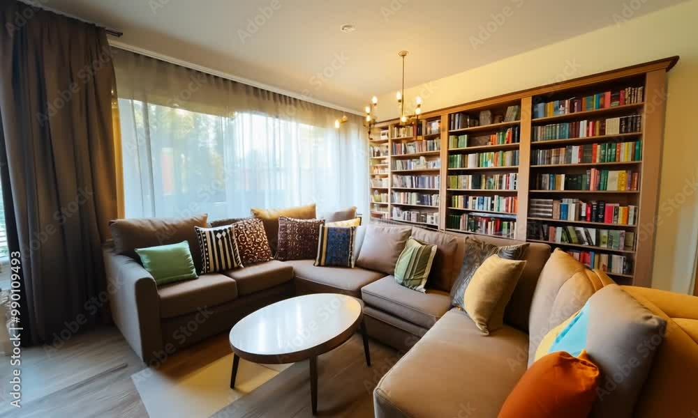 Modern Living Room with Sofa, Bookshelf, and Floor Lamp Modern Living Room with Sofa, Bookshelf, and Floor Lamp