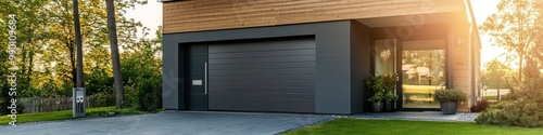 Stylish gray garage beside a Scandinavian-style house, with modern features and an automatic door in a European urban area. Banner.