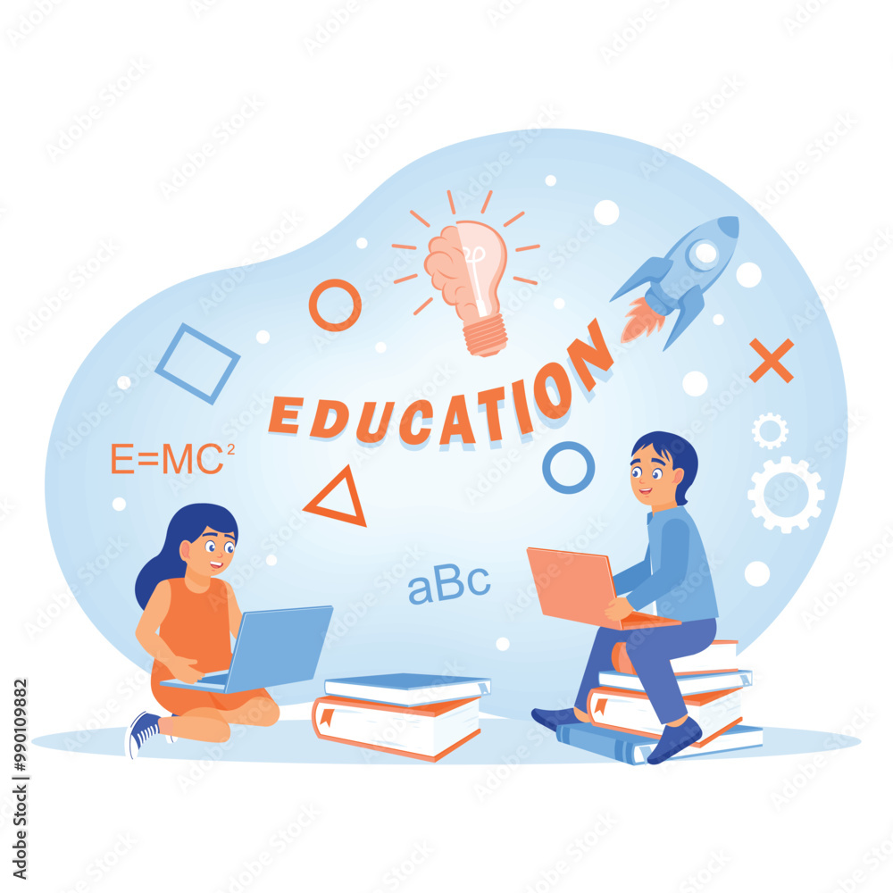 Children study at home using computers and books. Smart brain and educational elements for inspiration. Online Education concept. Flat vector illustration. Children study at home using computers and books. Smart brain and educational elements for inspiration. Online Education concept. Flat vector illustration.