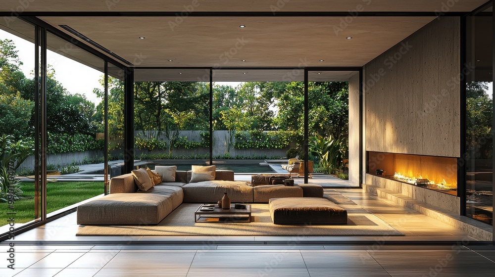 Fototapeta premium Modern living room with large windows overlooking a serene garden at sunset, showcasing elegant furniture and tranquil atmosphere