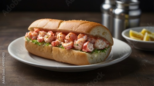 Lobster roll sandwich on white bun with lettuce and lemon wedges