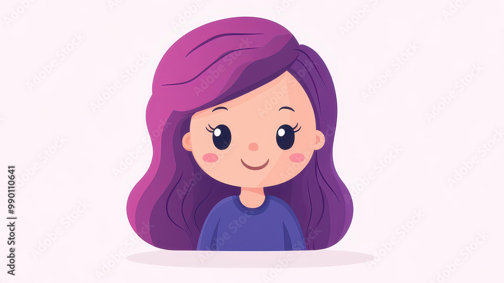 A whimsical flat illustration showcasing a little girl with vibrant purple hair, adorned in playful textures and colors. A whimsical flat illustration showcasing a little girl with vibrant purple hair, adorned in playful textures and colors.