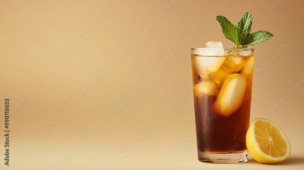 Iced tea with lemon and mint garnish on a tan background. Iced tea with lemon and mint garnish on a tan background.
