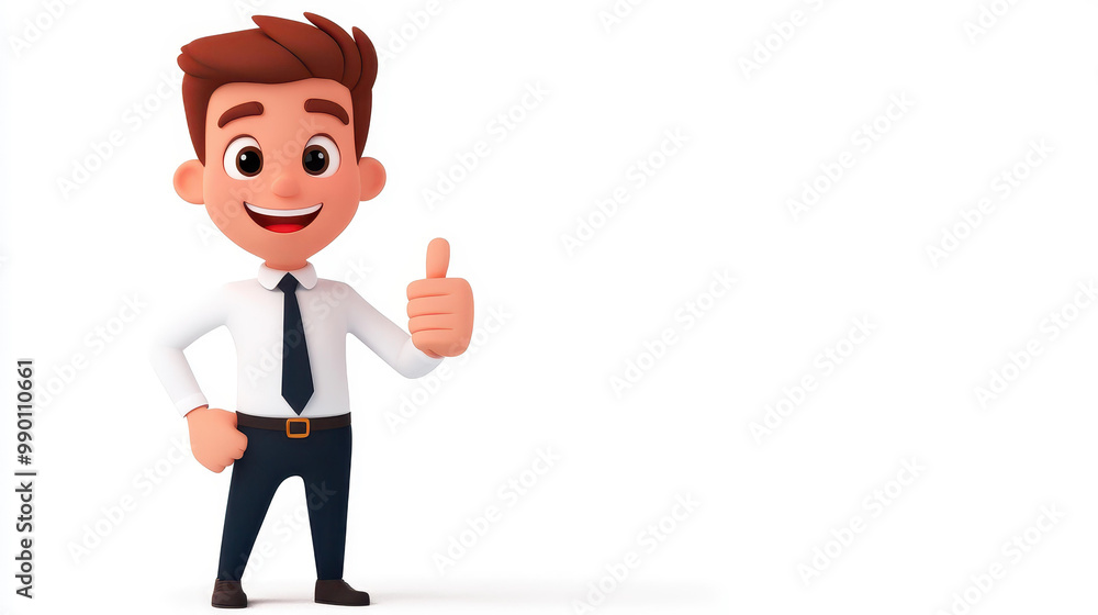 Cheerful 3D cartoon businessman exuding positivity with a thumbsup gesture against a clean, white background. Cheerful 3D cartoon businessman exuding positivity with a thumbsup gesture against a clean, white background.