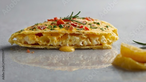 Close up of a delicious, cheesy, and creamy omelet with sauce and garnish