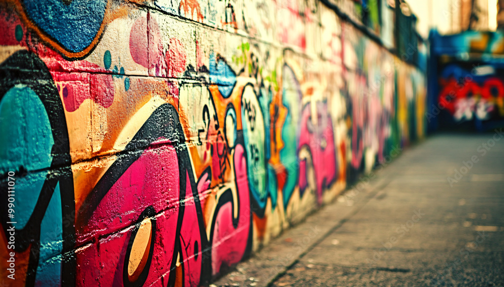 Fototapeta premium A graffiti-covered urban wall, showcasing vibrant colors, bold lines, and an edgy, artistic vibe