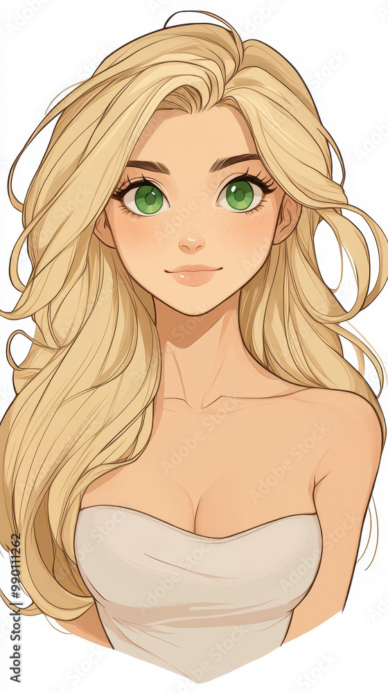 A stunning blonde with vibrant green eyes gazes softly at me, exuding charm and warmth in an enchanting anime style. A stunning blonde with vibrant green eyes gazes softly at me, exuding charm and warmth in an enchanting anime style.
