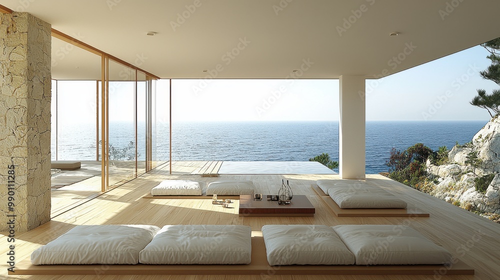 Fototapeta premium Modern minimalist interior design of a coastal home overlooking the ocean on a sunny day with ample natural light and open space