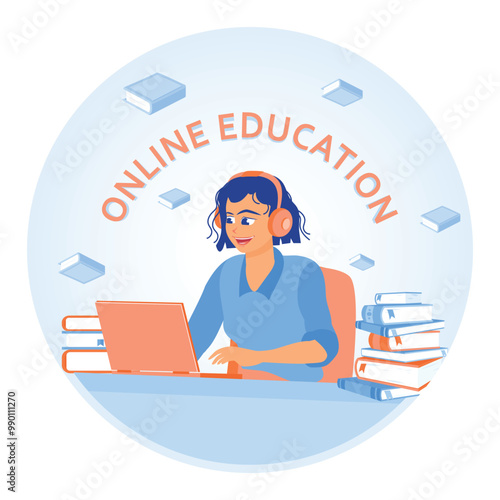 Young woman using headphones in front of laptop. Take online educational training from home. Online Education concept. Flat vector illustration.