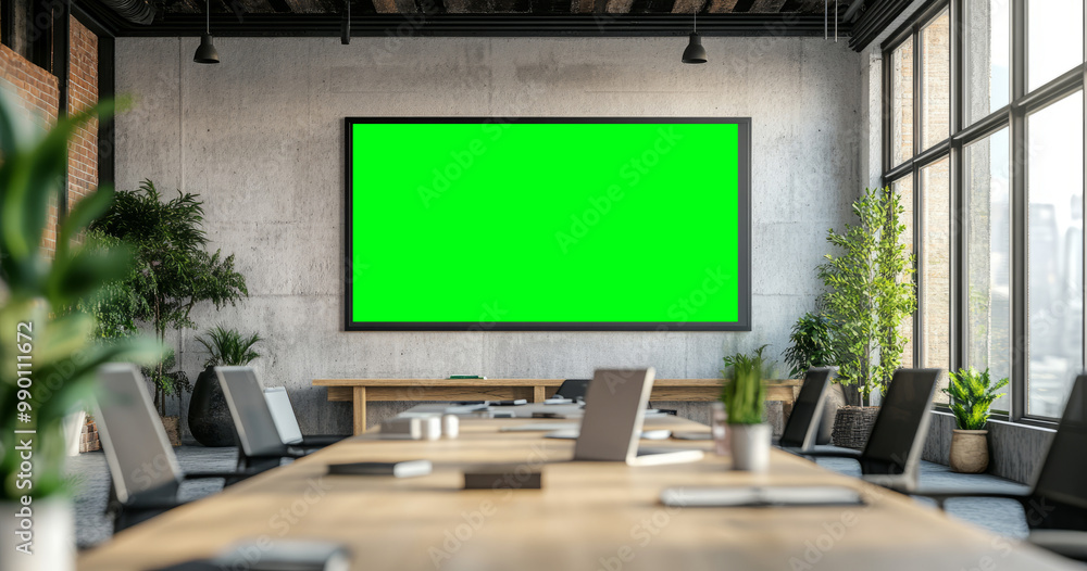 Modern conference room with green screen display Modern conference room with green screen display