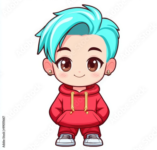 A charming chibi art of a boy, featuring bright blue hair, warm brown eyes, and a stylish red hoodie with a gold chain.