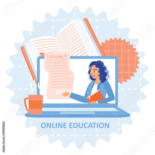 Students prepare for the first lesson exam. Study online using a laptop. Online Education concept. Flat vector illustration.