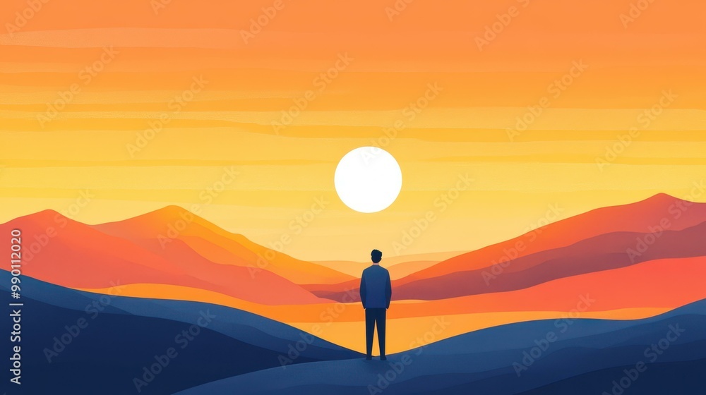 A man gazes at a vibrant sunset in a stunning outdoor landscape, capturing the essence of travel and exploration.