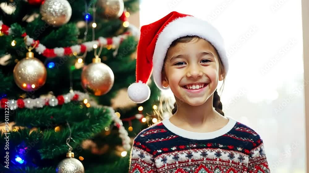 Happy young asian girl in a Santa hat smiles brightly in front of a Christmas tree filled with twinkling lights and ornaments, wearing a festive sweater Happy young asian girl in a Santa hat smiles brightly in front of a Christmas tree filled with twinkling lights and ornaments, wearing a festive sweater