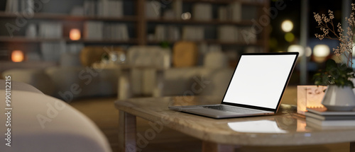 Wallpaper Mural A laptop on a coffee table in a contemporary living room, illuminated by warm lighting. Torontodigital.ca