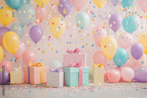 Vibrant Birthday Backdrop with Colorful Balloons, Stacked Gift Boxes, and Festive Confetti photo