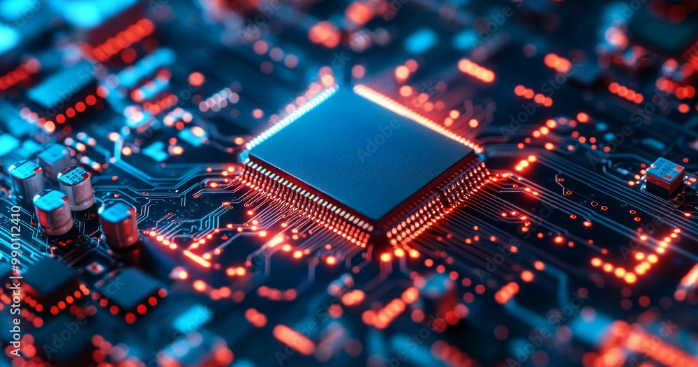 Abstract microchip with neon circuitry glow Abstract microchip with neon circuitry glow