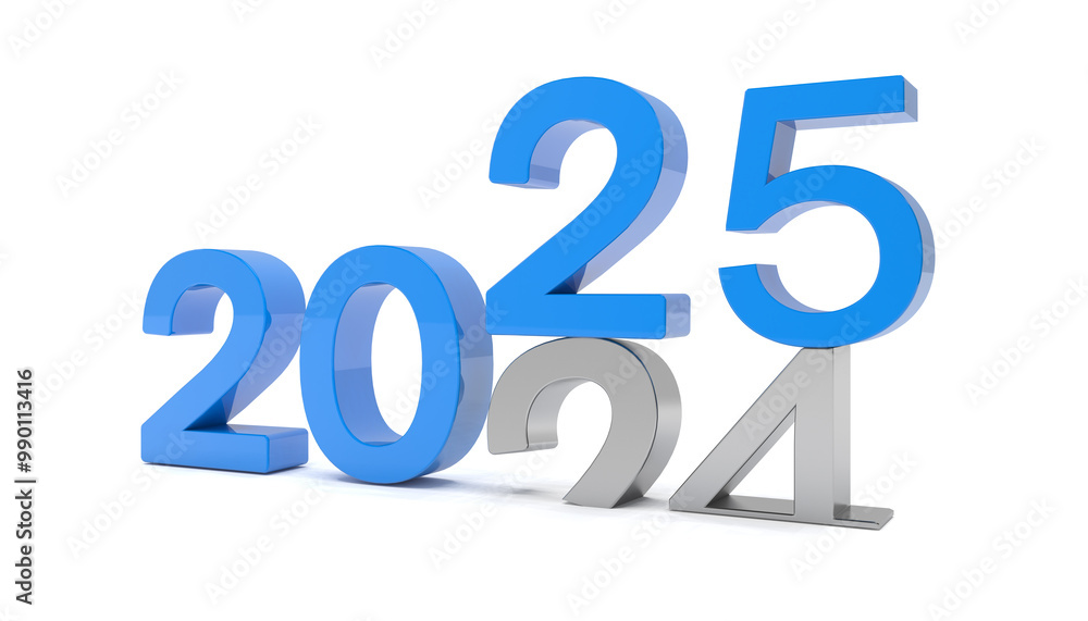 3d render of the numbers 2025 and 24 in blue and silver color over white background. The number 25 falls on the number 24 and breaks in it in the ground. - Vacation concept. 3d render of the numbers 2025 and 24 in blue and silver color over white background. The number 25 falls on the number 24 and breaks in it in the ground. - Vacation concept.