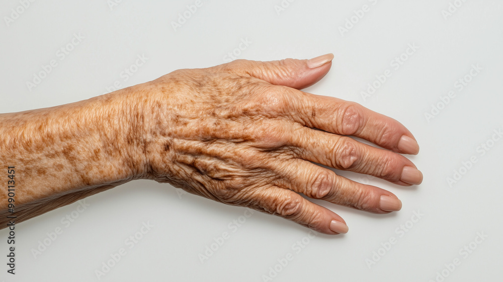 Fototapeta premium A close-up view of an elderly woman's hand displaying age spots and unique textures highlighting the beauty of aging