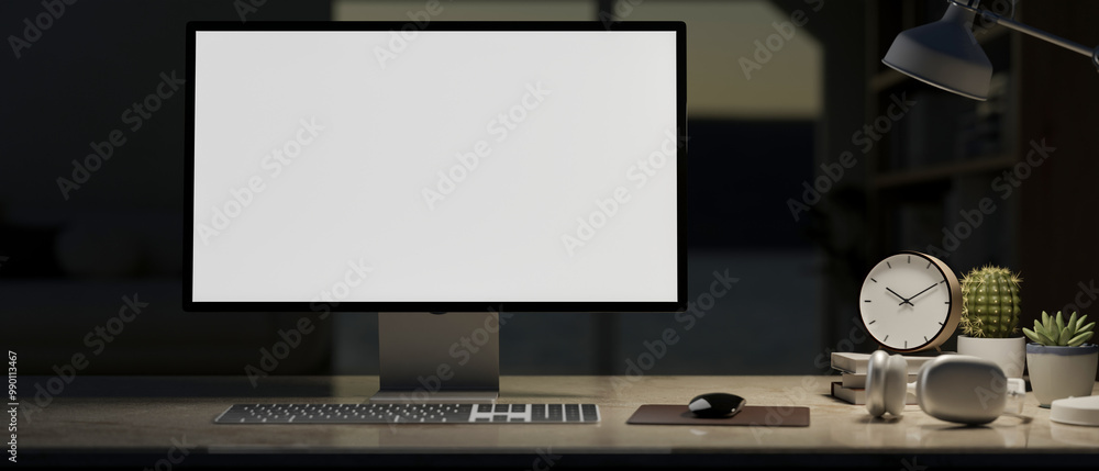 A computer with a white screen mockup and accessories on a desk in a room at night. A computer with a white screen mockup and accessories on a desk in a room at night.