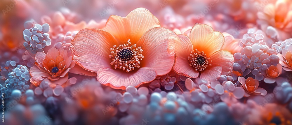 Soft pink flowers in bloom with a blurred background. Soft pink flowers in bloom with a blurred background.