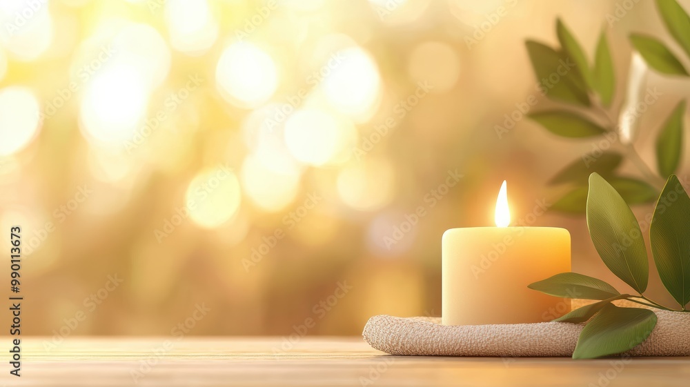 Serene Candlelight with Soft Green Leaves Serene Candlelight with Soft Green Leaves